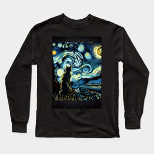 Cool Cat Portrait - Van Gogh The Starry Night Style Long Sleeve T-Shirt